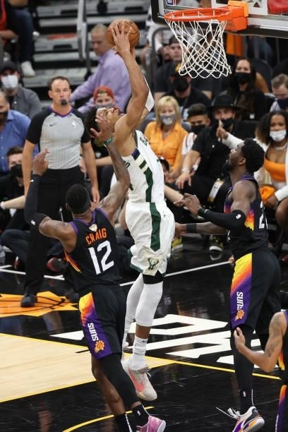 Giannis Antetokounmpo of the Milwaukee Bucks shoots the ball against the Phoenix Suns during Game One of the 2021 NBA Finals on July 6, 2021 at...