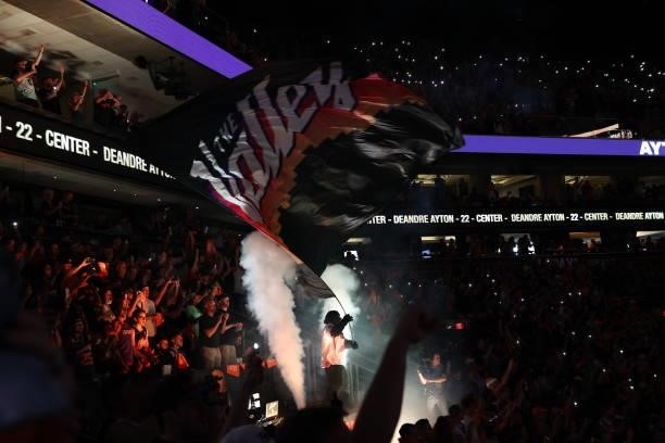 The Suns Gorilla waves a flag before the game between the Milwaukee Bucks and the Phoenix Suns during Game One of the 2021 NBA Finals on July 6, 2021...
