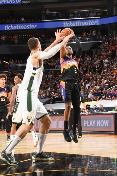 Chris Paul of the Phoenix Suns shoots the ball during the game against the Milwaukee Bucks during Game One of the 2021 NBA Finals on July 6, 2021 at...