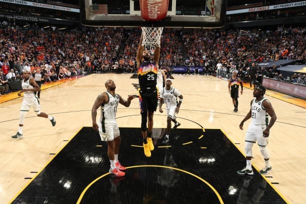 Mikal Bridges of the Phoenix Suns dunks the ball against the Milwaukee Bucks during Game One of the 2021 NBA Finals on July 6, 2021 at Talking Stick...