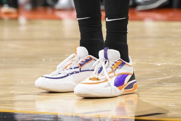 The sneakers worn by Deandre Ayton of the Phoenix Suns during the game against the Milwaukee Bucks during Game One of the 2021 NBA Finals on July 6,...
