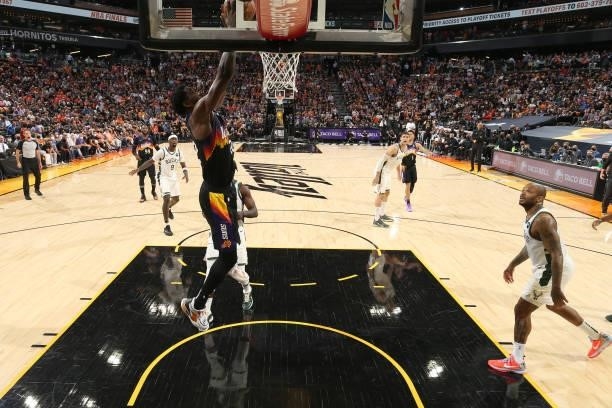Deandre Ayton of the Phoenix Suns dunks the ball against the Milwaukee Bucks during Game One of the 2021 NBA Finals on July 6, 2021 at Talking Stick...