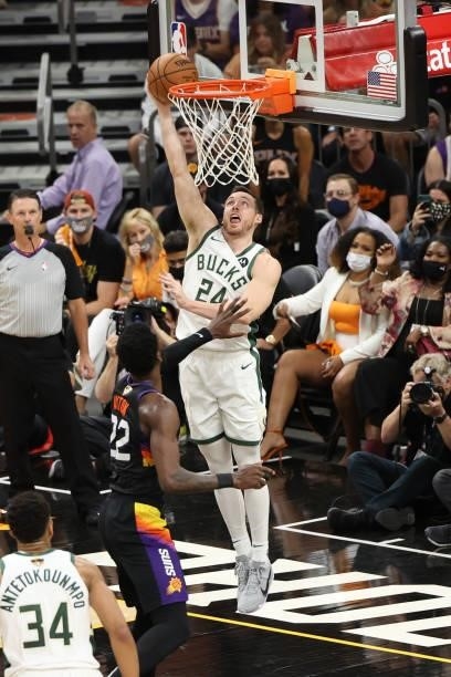 Pat Connaughton of the Milwaukee Bucks shoots the ball against the Phoenix Suns during Game One of the 2021 NBA Finals on July 6, 2021 at Phoenix...