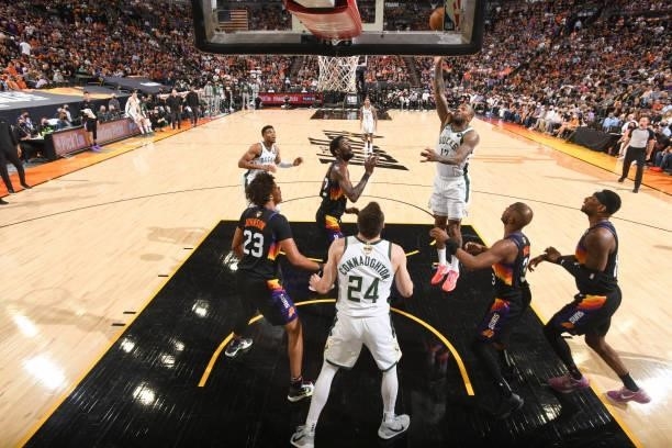 Tucker of the Milwaukee Bucks shoots the ball during the game against the Phoenix Suns during Game One of the 2021 NBA Finals on July 6, 2021 at...