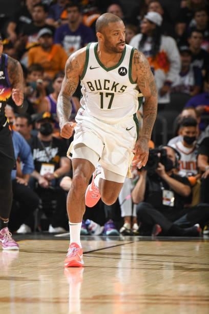 Tucker of the Milwaukee Bucks runs down the court during the game against the Phoenix Suns during Game One of the 2021 NBA Finals on July 6, 2021 at...