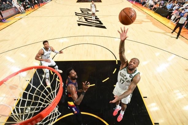Tucker of the Milwaukee Bucks shoots the ball during the game against the Phoenix Suns during Game One of the 2021 NBA Finals on July 6, 2021 at...