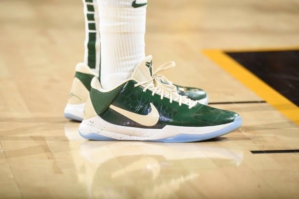 The sneakers worn by Jrue Holiday of the Milwaukee Bucks during the game against the Phoenix Suns during Game One of the 2021 NBA Finals on July 6,...