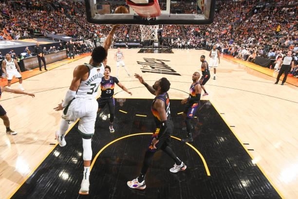 Giannis Antetokounmpo of the Milwaukee Bucks drives to the basket during the game against the Phoenix Suns during Game One of the 2021 NBA Finals on...