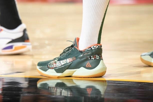 The sneakers worn by Brook Lopez of the Milwaukee Bucks during the game against the Phoenix Suns during Game One of the 2021 NBA Finals on July 6,...