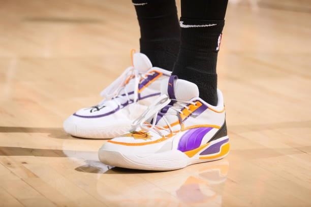 The sneakers worn by Deandre Ayton of the Phoenix Suns during Game One of the 2021 NBA Finals on July 6, 2021 at Talking Stick Resort Arena in...