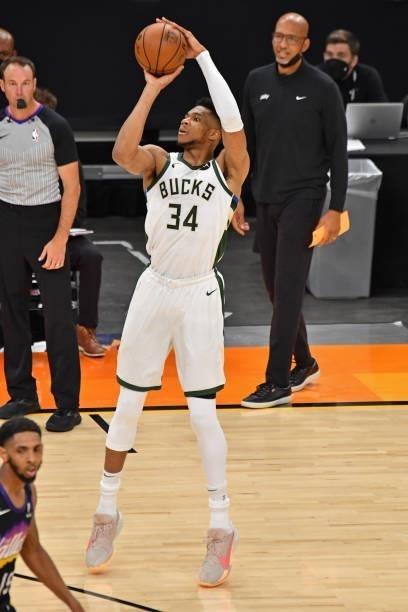 Giannis Antetokounmpo of the Milwaukee Bucks shoots a three point basket against the Phoenix Suns during Game One of the 2021 NBA Finals on July 6,...