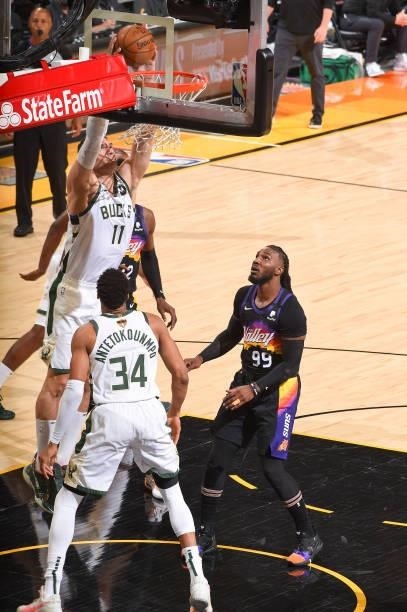 Brook Lopez of the Milwaukee Bucks dunks the ball during the game against the Phoenix Suns during Game One of the 2021 NBA Finals on July 6, 2021 at...