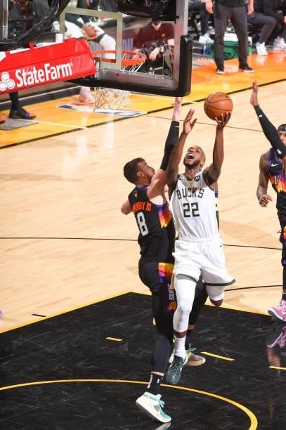 Khris Middleton of the Milwaukee Bucks drives to the basket during the game against the Phoenix Suns during Game One of the 2021 NBA Finals on July...