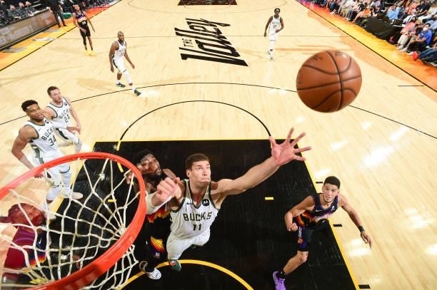 Brook Lopez of the Milwaukee Bucks rebounds the ball during the game against the Phoenix Suns during Game One of the 2021 NBA Finals on July 6, 2021...