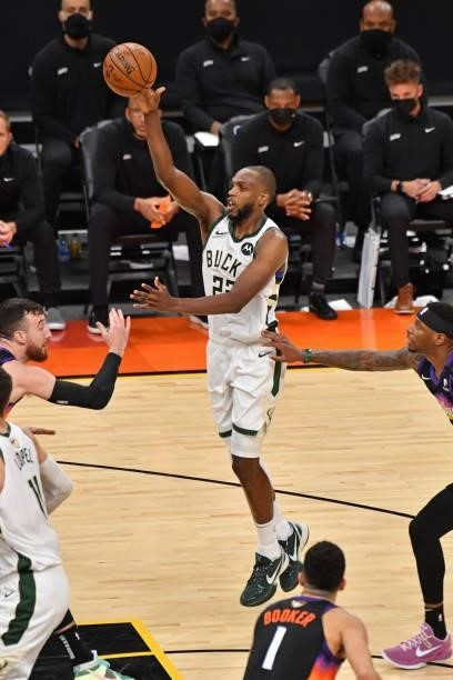 Khris Middleton of the Milwaukee Bucks shoots the ball against the Phoenix Suns during Game One of the 2021 NBA Finals on July 6, 2021 at Phoenix...