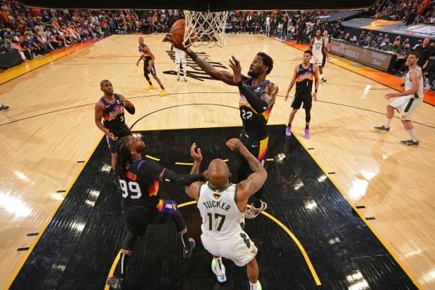 Deandre Ayton of the Phoenix Suns grabs a rebound against the Milwaukee Bucks during Game One of the 2021 NBA Finals on July 6, 2021 at Phoenix Suns...
