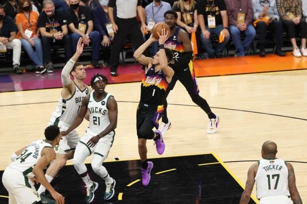 Devin Booker of the Phoenix Suns shoots the ball against the Milwaukee Bucks during Game One of the 2021 NBA Finals on July 6, 2021 at Phoenix Suns...