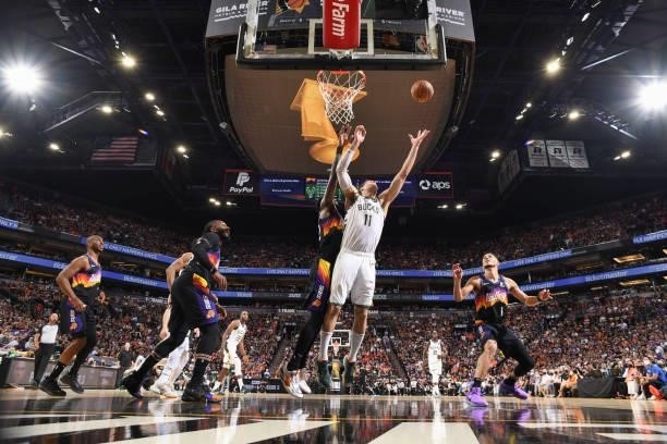 Brook Lopez of the Milwaukee Bucks rebounds the ball during the game against the Phoenix Suns during Game One of the 2021 NBA Finals on July 6, 2021...