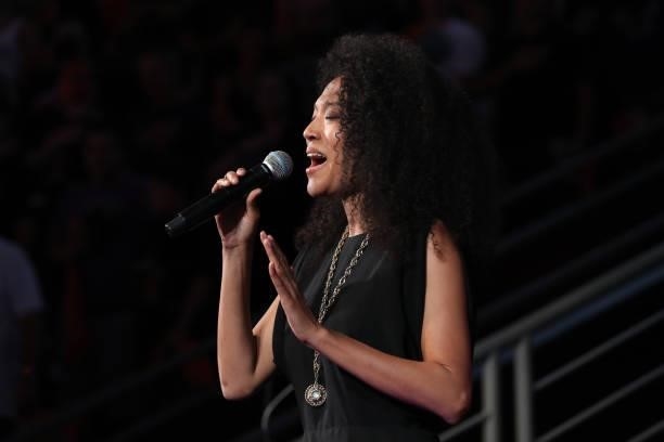 Judith Hill sings the national anthem before the game between the Milwaukee Bucks and the Phoenix Suns during Game One of the 2021 NBA Finals on July...