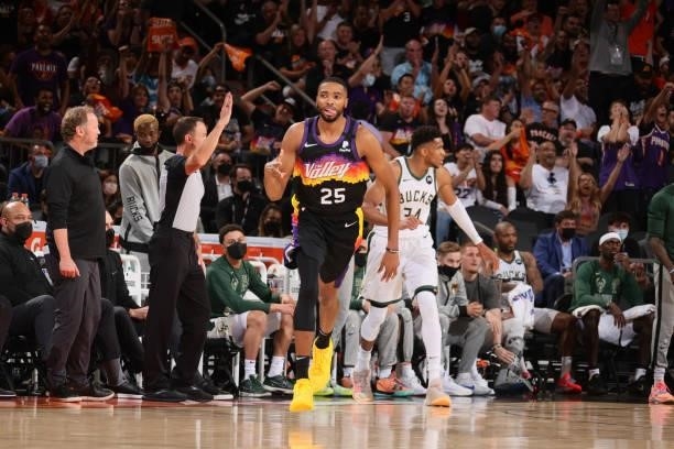 Mikal Bridges of the Phoenix Suns celebrates during Game One of the 2021 NBA Finals on July 6, 2021 at Talking Stick Resort Arena in Phoenix,...