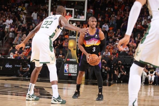 Chris Paul of the Phoenix Suns handles the ball against the Milwaukee Bucks during Game One of the 2021 NBA Finals on July 6, 2021 at Talking Stick...
