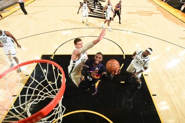 Jae Crowder of the Phoenix Suns drives to the basket during the game against the Milwaukee Bucks during Game One of the 2021 NBA Finals on July 6,...