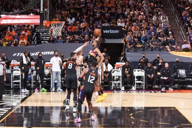 Mikal Bridges of the Phoenix Suns rebounds the ball during the game against the Milwaukee Bucks during Game One of the 2021 NBA Finals on July 6,...