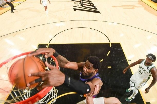 Deandre Ayton of the Phoenix Suns dunks the ball during the game against the Milwaukee Bucks during Game One of the 2021 NBA Finals on July 6, 2021...