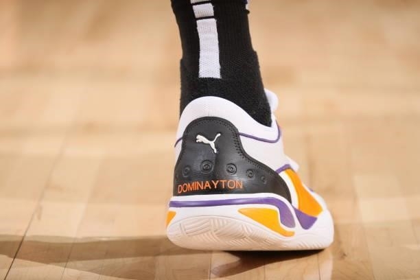 The sneakers worn by Deandre Ayton of the Phoenix Suns during Game One of the 2021 NBA Finals on July 6, 2021 at Talking Stick Resort Arena in...