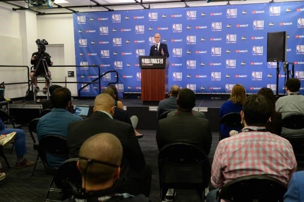 Commissioner Adam Silver speaks to the media prior to the game of the Milwaukee Bucks against the Phoenix Suns in Game One of the 2021 NBA Finals on...