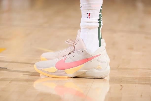 The sneakers worn by Giannis Antetokounmpo of the Milwaukee Bucks during Game One of the 2021 NBA Finals on July 6, 2021 at Talking Stick Resort...