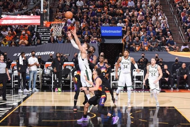 Brook Lopez of the Milwaukee Bucks shoots the ball during the game against the Phoenix Suns during Game One of the 2021 NBA Finals on July 6, 2021 at...