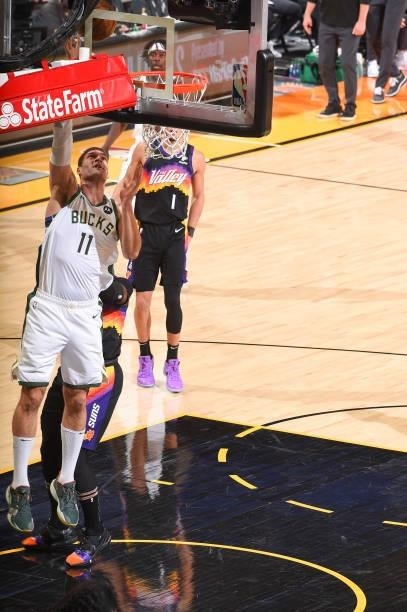 Brook Lopez of the Milwaukee Bucks drives to the basket during the game against the Phoenix Suns during Game One of the 2021 NBA Finals on July 6,...