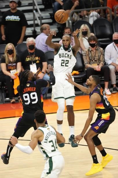 Khris Middleton of the Milwaukee Bucks passes the ball during Game One of the 2021 NBA Finals on July 6, 2021 at Phoenix Suns Arena in Phoenix,...