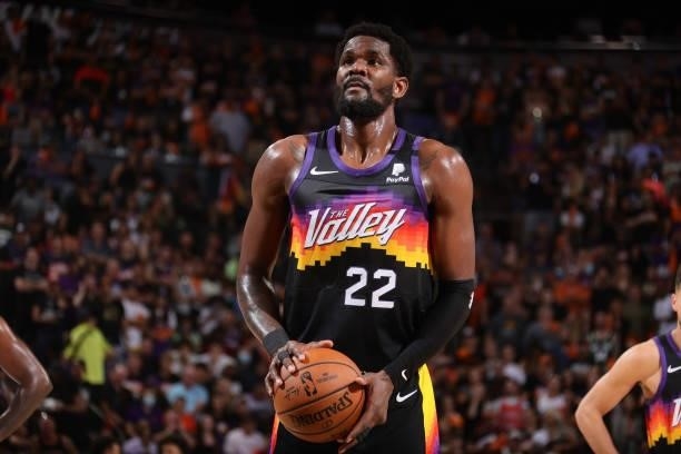 Deandre Ayton of the Phoenix Suns shoots a free throw against the Milwaukee Bucks during Game One of the 2021 NBA Finals on July 6, 2021 at Talking...