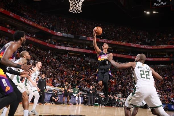 Chris Paul of the Phoenix Suns drives to the basket against the Milwaukee Bucks during Game One of the 2021 NBA Finals on July 6, 2021 at Talking...