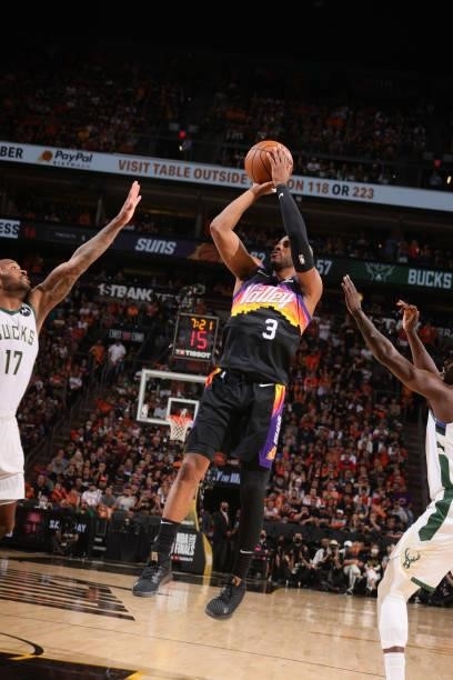 Chris Paul of the Phoenix Suns shoots the ball against the Milwaukee Bucks during Game One of the 2021 NBA Finals on July 6, 2021 at Talking Stick...