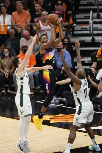 Mikal Bridges of the Phoenix Suns shoots the ball against the Milwaukee Bucks during Game One of the 2021 NBA Finals on July 6, 2021 at Phoenix Suns...