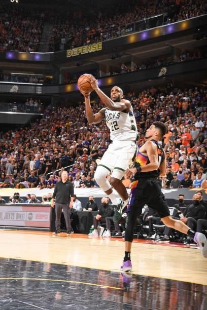 Khris Middleton of the Milwaukee Bucks drives to the basket during the game against the Phoenix Suns during Game One of the 2021 NBA Finals on July...