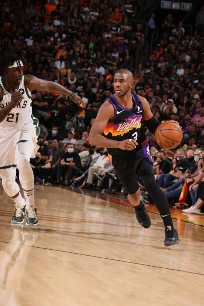 Chris Paul of the Phoenix Suns drives to the basket against the Milwaukee Bucks during Game One of the 2021 NBA Finals on July 6, 2021 at Talking...
