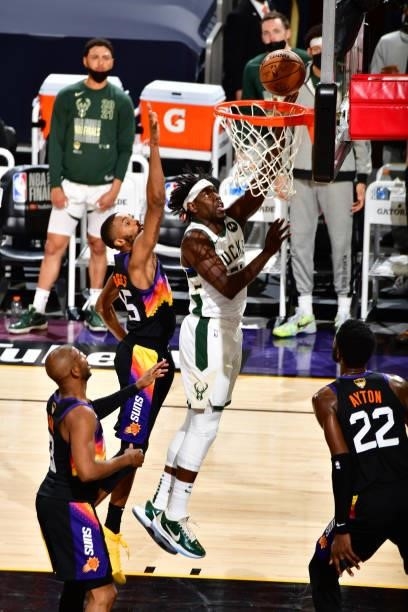 Jrue Holiday of the Milwaukee Bucks drives to the basket against the Phoenix Suns during Game One of the 2021 NBA Finals on July 6, 2021 at Phoenix...