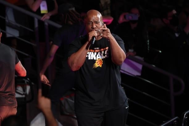 Rapper, Young MC performs the halftime show during the game between the Milwaukee Bucks and the Phoenix Suns during Game One of the 2021 NBA Finals...