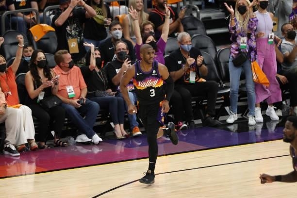 Chris Paul of the Phoenix Suns celebrates during Game One of the 2021 NBA Finals on July 6, 2021 at Phoenix Suns Arena in Phoenix, Arizona. NOTE TO...