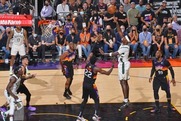 Bobby Portis of the Milwaukee Bucks shoots the ball against the Phoenix Suns during Game One of the 2021 NBA Finals on July 6, 2021 at Phoenix Suns...