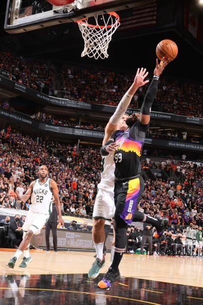 Jae Crowder of the Phoenix Suns shoots the ball against the Milwaukee Bucks during Game One of the 2021 NBA Finals on July 6, 2021 at Talking Stick...