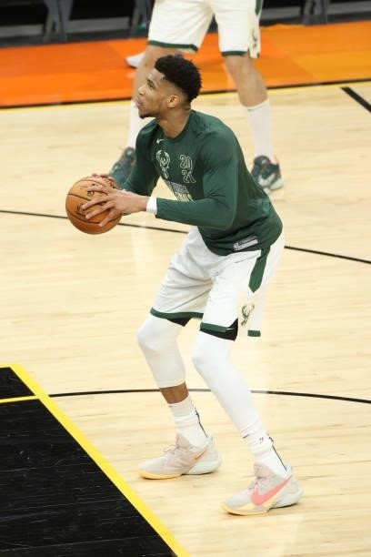 Giannis Antetokounmpo of the Milwaukee Bucks warms up before the game during Game One of the 2021 NBA Finals on July 6, 2021 at Phoenix Suns Arena in...