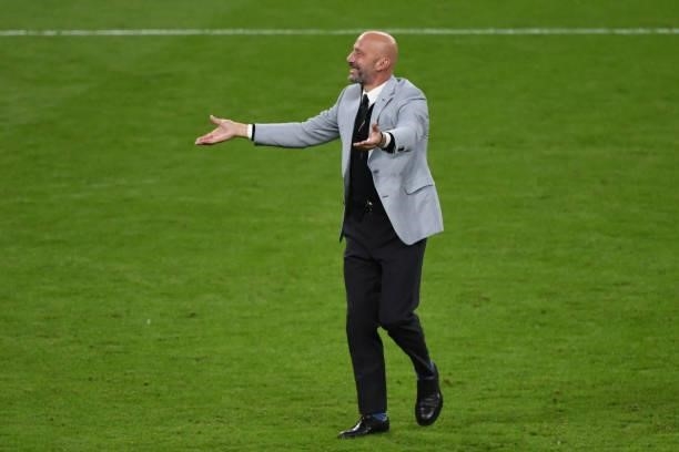 Vialli, former international player of Italy celebrates the win over Spain at penalty shoot out during the UEFA Euro 2020 Championship Semi-final...