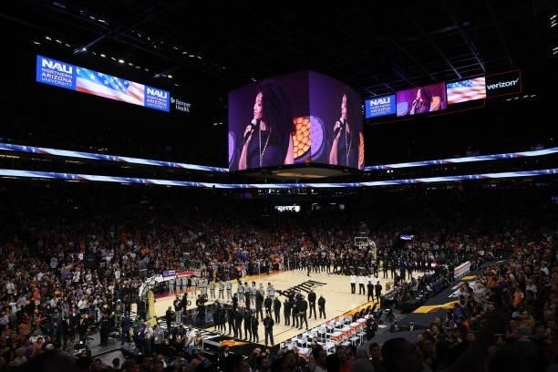 The Milwaukee Bucks and the Phoenix Suns stand for the national anthem before the game during Game One of the 2021 NBA Finals on July 6, 2021 at...