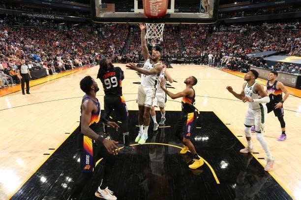Tucker of the Milwaukee Bucks shoots the ball against the Phoenix Suns during Game One of the 2021 NBA Finals on July 6, 2021 at Talking Stick Resort...