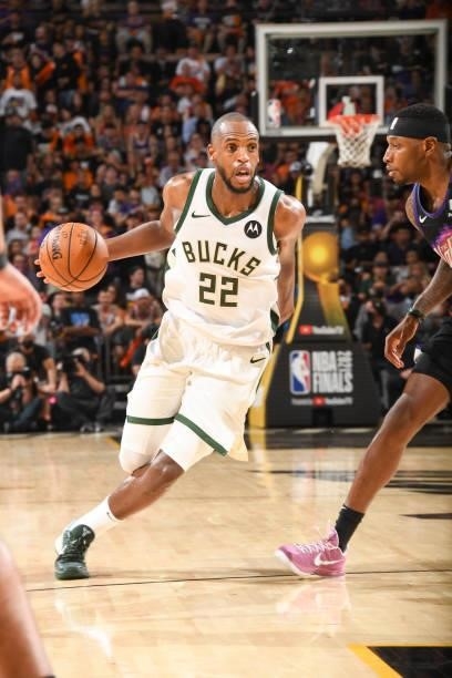 Khris Middleton of the Milwaukee Bucks handles the ball during the game against the Phoenix Suns during Game One of the 2021 NBA Finals on July 6,...